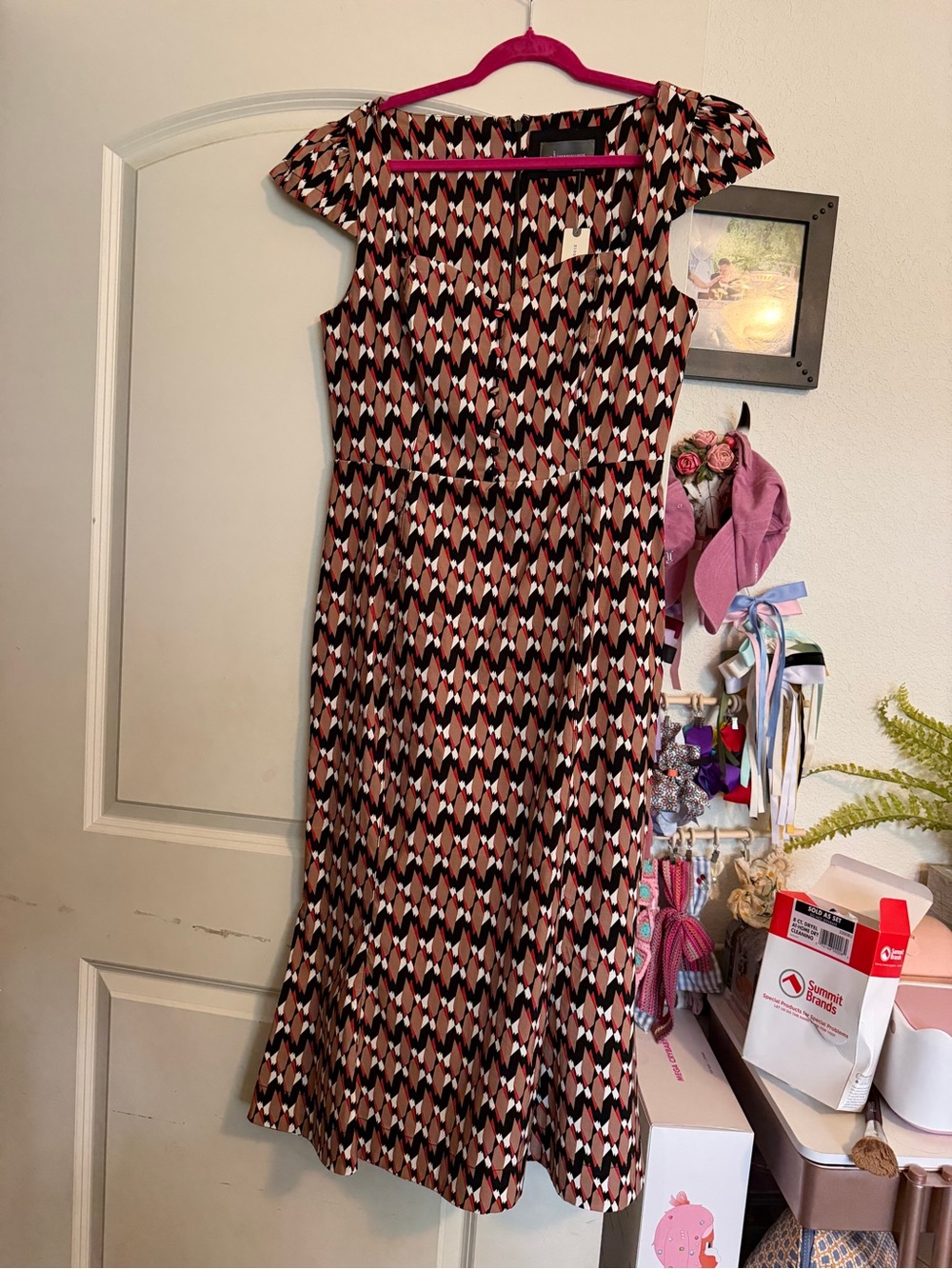 Anthropologie Black, Pink and Brown Geometric Cap-Sleeve Midi Dress